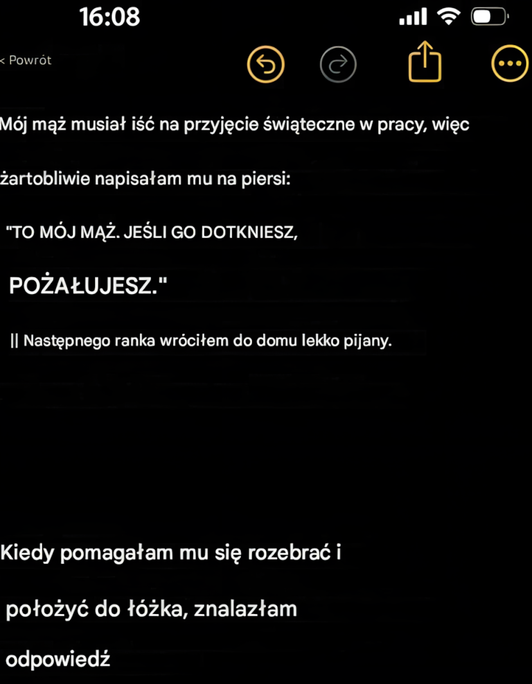 Na krótko przed firmową imprezą świąteczną napisałam zabawną wiadomość na piersi mojego męża i otrzymałam niespodziewaną odpowiedź.