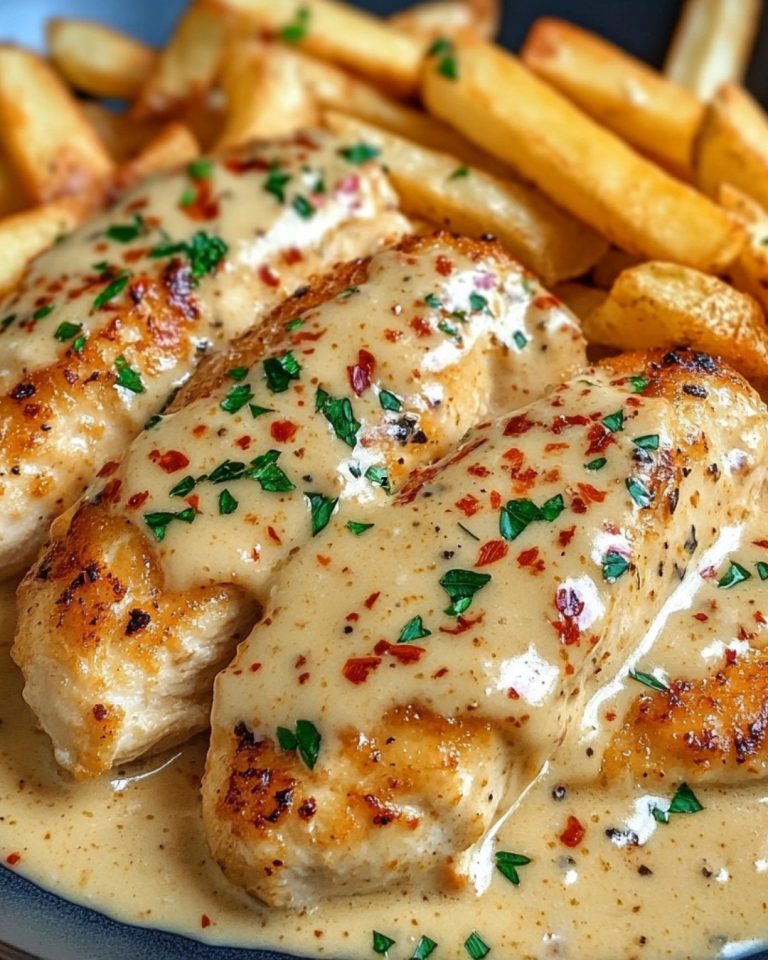Filet z kurczaka w pikantnym, kremowym sosie czosnkowo-parmezanowym z frytkami
