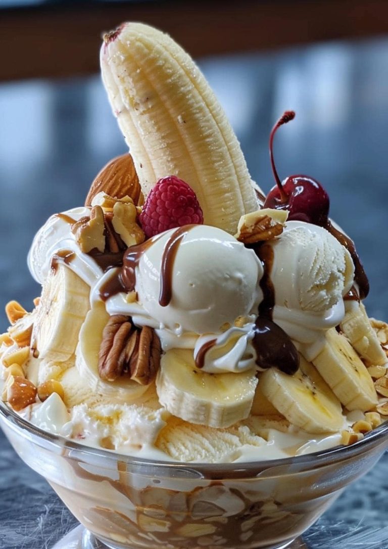 Delektuj się pysznym i wyśmienitym deserem lodowym, który łączy w sobie smak banana split z chrupiącymi orzechami, tworząc idealne doznanie deserowe.