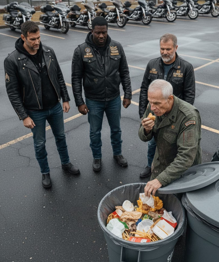 „Stary żołnierz szukał resztek za restauracją — aż dostrzegł go motocyklowy klub weteranów… A ich reakcja zmieniła jego życie na zawsze”