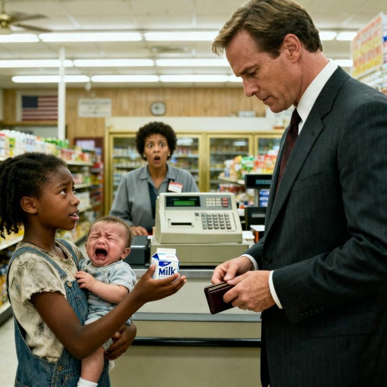 „Obiecuję, że ci się odwdzięczę, kiedy dorosnę” – błagała mała czarnoskóra dziewczynka z oczami pełnymi łez, ściskając maleńkie opakowanie mleka przeznaczone dla jej młodszego brata. Jej głos drżał, gdy spojrzała na wysokiego mężczyznę w drogim garniturze. Chłodna odpowiedź mężczyzny sprawiła, że ​​cały sklep zamilkł.