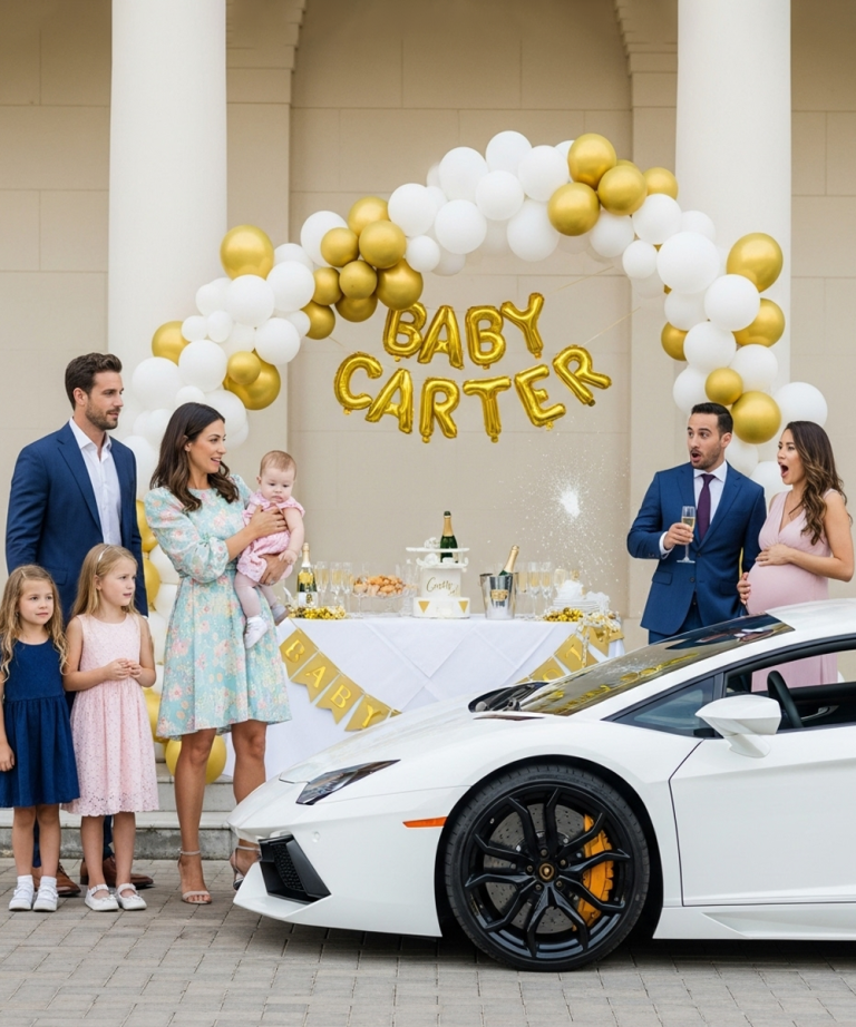 „Świętujmy narodziny małego Cartera”. Zaprosił swoją byłą na baby shower, żeby ją upokorzyć — ale kiedy wysiadła z luksusowego samochodu z mężem i czwórką dzieci, zaszokował ją