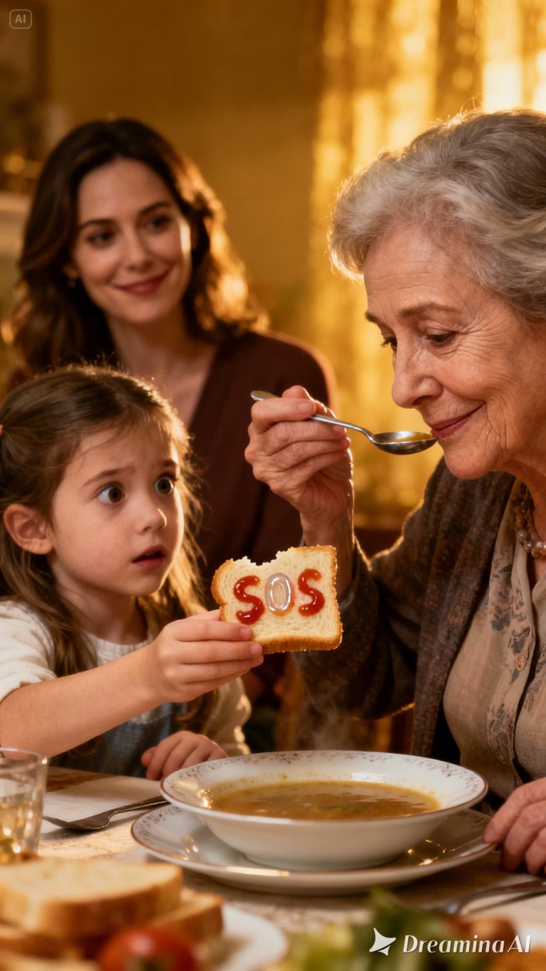 Podczas kolacji z rodziną mojego syna, moja mała wnuczka słodko podała mi kawałek chleba. Uśmiechnęłam się – aż do momentu, gdy zauważyłam maleńką smugę ketchupu, która układała się w napis SOS. Krew zamarła mi w żyłach. Udając niezdarność, rzuciłam chleb na ubranie i zabrałam ją ze sobą, żeby „posprzątać”. Gdy drzwi się zamknęły, wyszeptała drżącym głosem: „Babciu… Właśnie cię uratowałam…