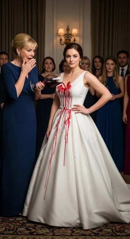 Teściowa „przypadkiem” wylała czerwone wino na moją suknię ślubną – tylko się uśmiechnęłam, wiedząc, że zniszczyła tylko kopię. Prawdziwa suknia była schowana, nagrywając każde jej słowo.