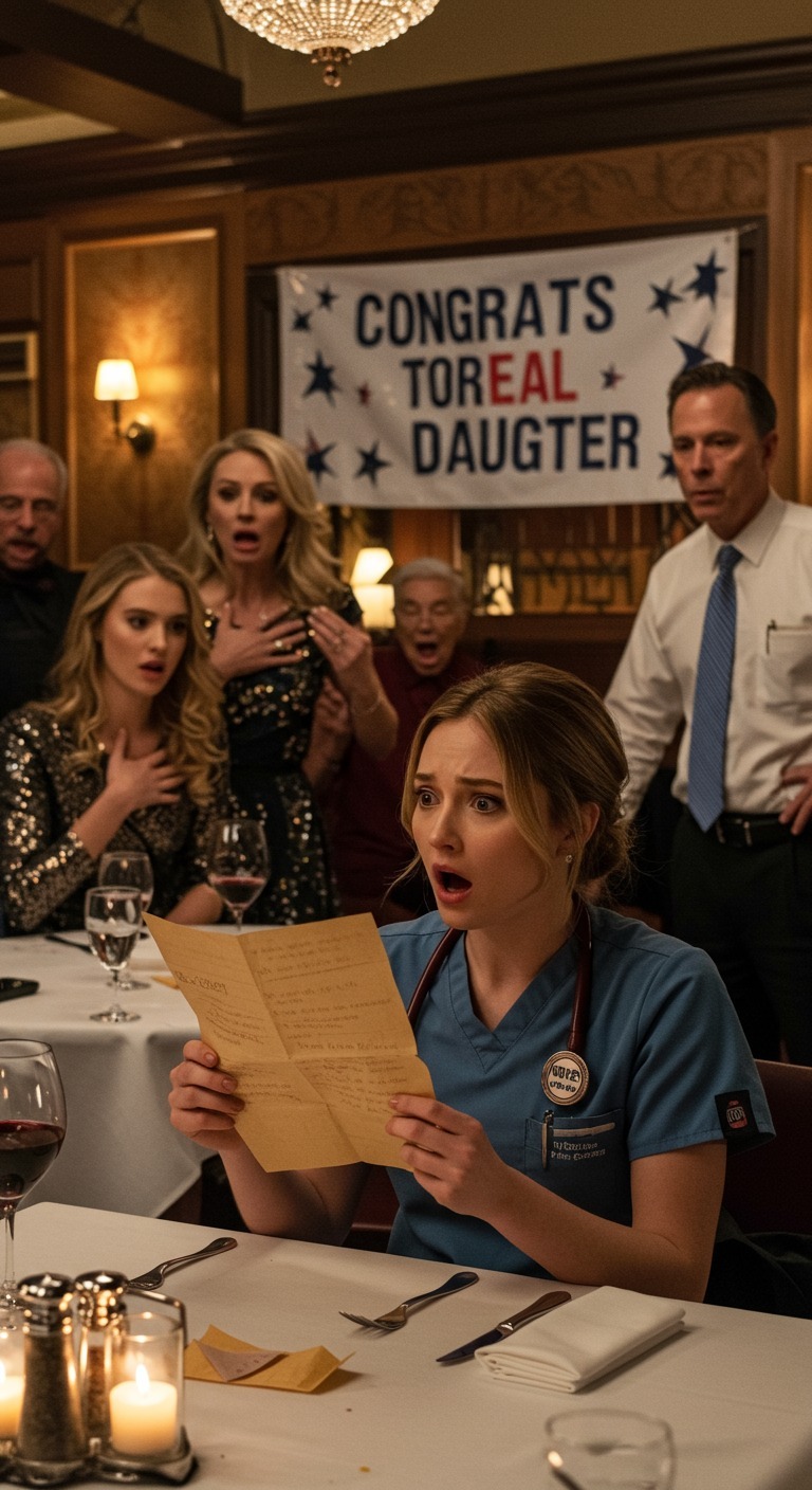 Rodzina zaprosiła mnie na kolację. „Mamy ważną nowinę!” – powiedzieli. Kiedy przybyłam, wszyscy już byli – wszyscy oprócz osoby, którą rzekomo świętowali. Na sali wisiał baner: *„Gratulacje dla naszej prawdziwej córki!”. Wybuchnął śmiech. „Wreszcie” – powiedziała mama – „powód do dumy!”. Milczałam, ręce mi drżały. Potem kelner podszedł, podał mi kopertę i wyszeptał: „Właściciel prosił, żebym ci to wręczył”. Otworzyłam ją – i w tej chwili wszystko się zmieniło.