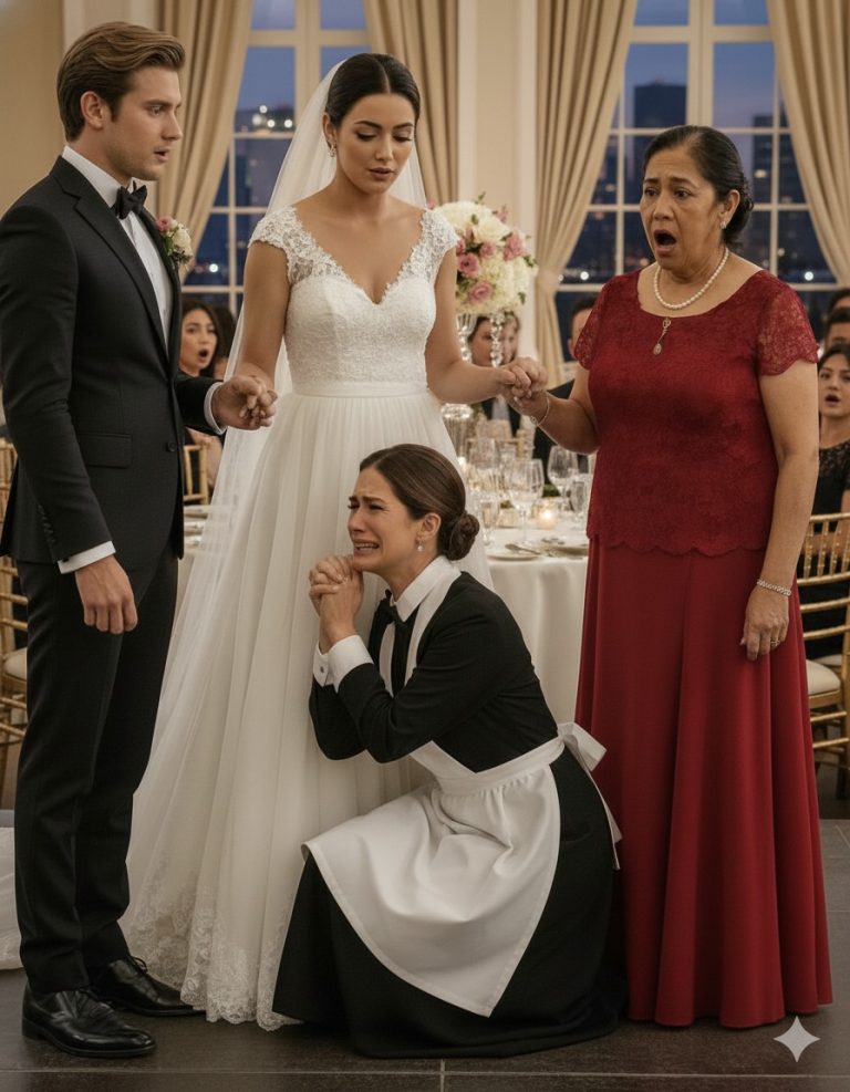 Myślałam, że jest po prostu naszą gosposią — ale w dniu ślubu mojego syna wbiegła na scenę, padła na kolana… i wyjawiła tak głęboką tajemnicę, że wywróciła cały nasz świat do góry nogami