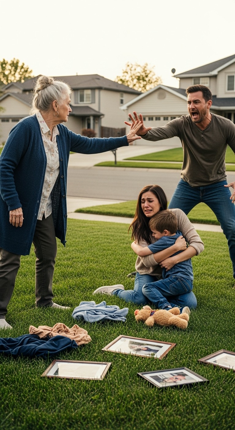 Dotarłem do domu córki i zobaczyłem jej ubrania i zdjęcia porozrzucane na trawniku. Jej mąż stał nad nią, wciskając jej papiery do rąk i krzycząc: „Tylko je podpisz!”. Mój wnuk krzyknął: „Tato, proszę przestań!”. Wyciągnąłem ich oboje w bezpieczne miejsce i wykonałem jeden telefon. Trzydzieści minut później rozległo się pukanie do drzwi – i to, co się stało, zmieniło wszystko.