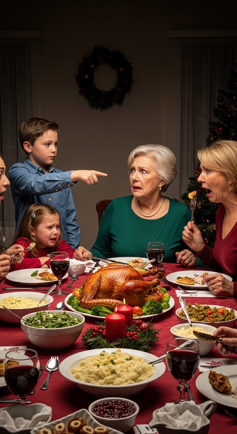 Podczas świątecznego obiadu moja teściowa nakrzyczała na moją pięcioletnią córkę. Wszyscy jedli dalej, udając, że nic się nie stało. Wtedy mój ośmioletni syn podniósł wzrok i powiedział: „Babciu, mam im pokazać, co kazałaś mi ukryć?”. Cała sala zamarła.
