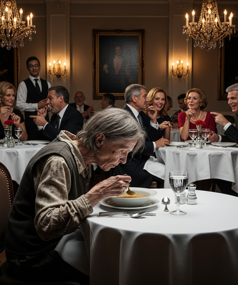 Starsza kobieta zamawia najtańszą zupę w eleganckiej restauracji – klienci się uśmiechają, kelnerka się uśmiecha… aż do momentu, gdy kobieta w starym płaszczu wstaje i zmienia przyszłość wszystkich