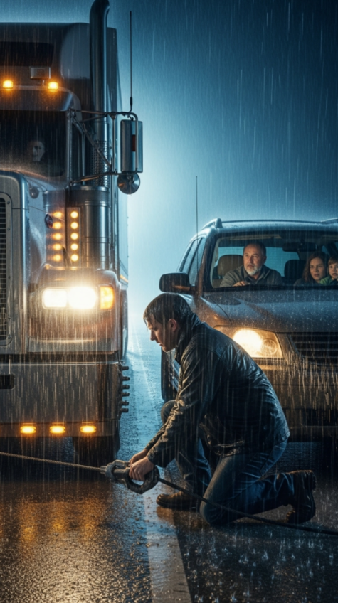 Byłem zmęczonym kierowcą ciężarówki w czasie burzy, kiedy zatrzymałem się, żeby pomóc rodzinie, która utknęła w korku. Odholowałem ich samochód za darmo. Ojciec tylko uścisnął mi dłoń. Dwa tygodnie później szef wezwał mnie do biura. Siedział tam ten sam mężczyzna.