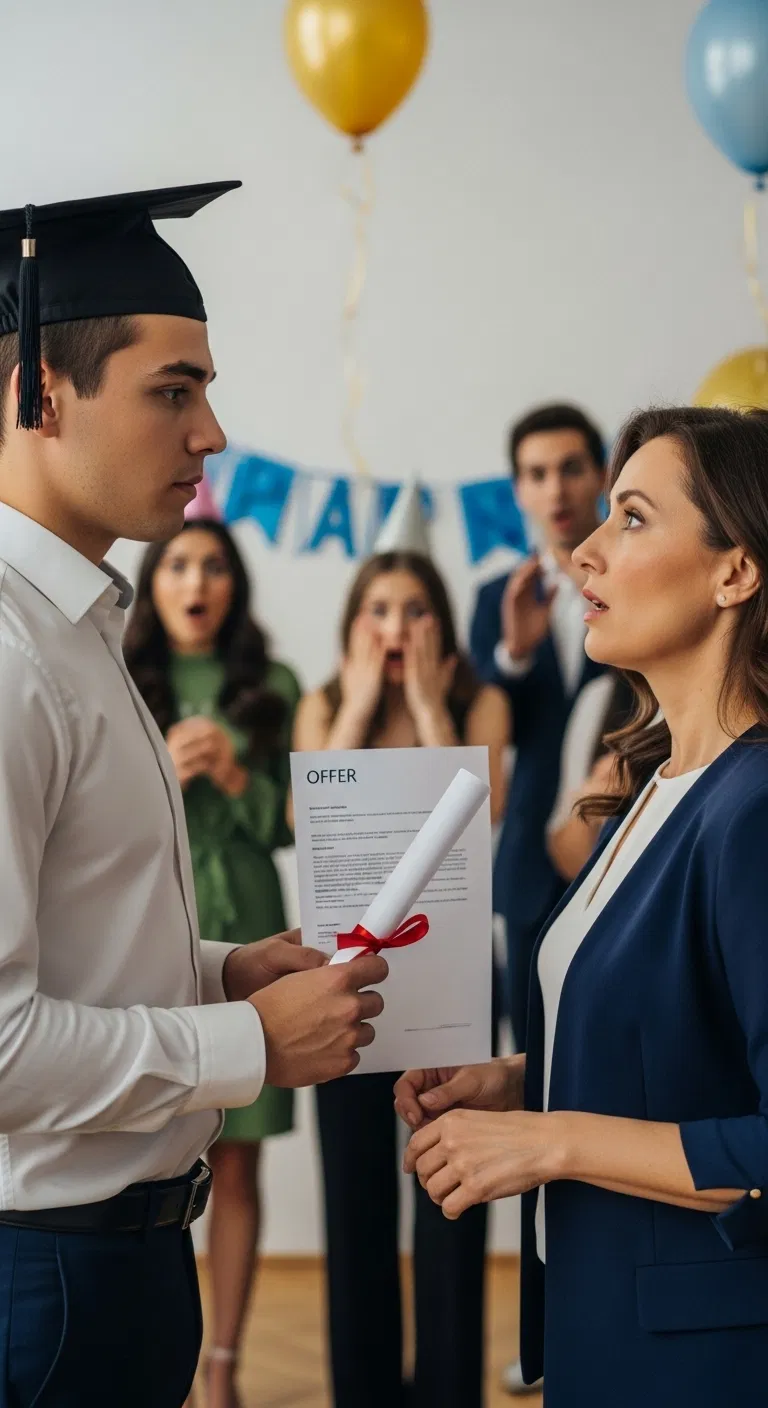 Na moim przyjęciu z okazji ukończenia studiów mama wstała i oznajmiła: „Skoro zapłaciłam za twoje studia, biorę twoją pensję za pierwszy rok”. Spokojnie uniosłem list z ofertą pracy i powiedziałem: „Dobrze, że przeprowadzam się do nowego miasta – i zrywam kontakty”. W sali zapadła cisza. Kiedy mama zrozumiała, co mam na myśli, wybuchnęła płaczem przed wszystkimi… i prawda w końcu wyszła na jaw.