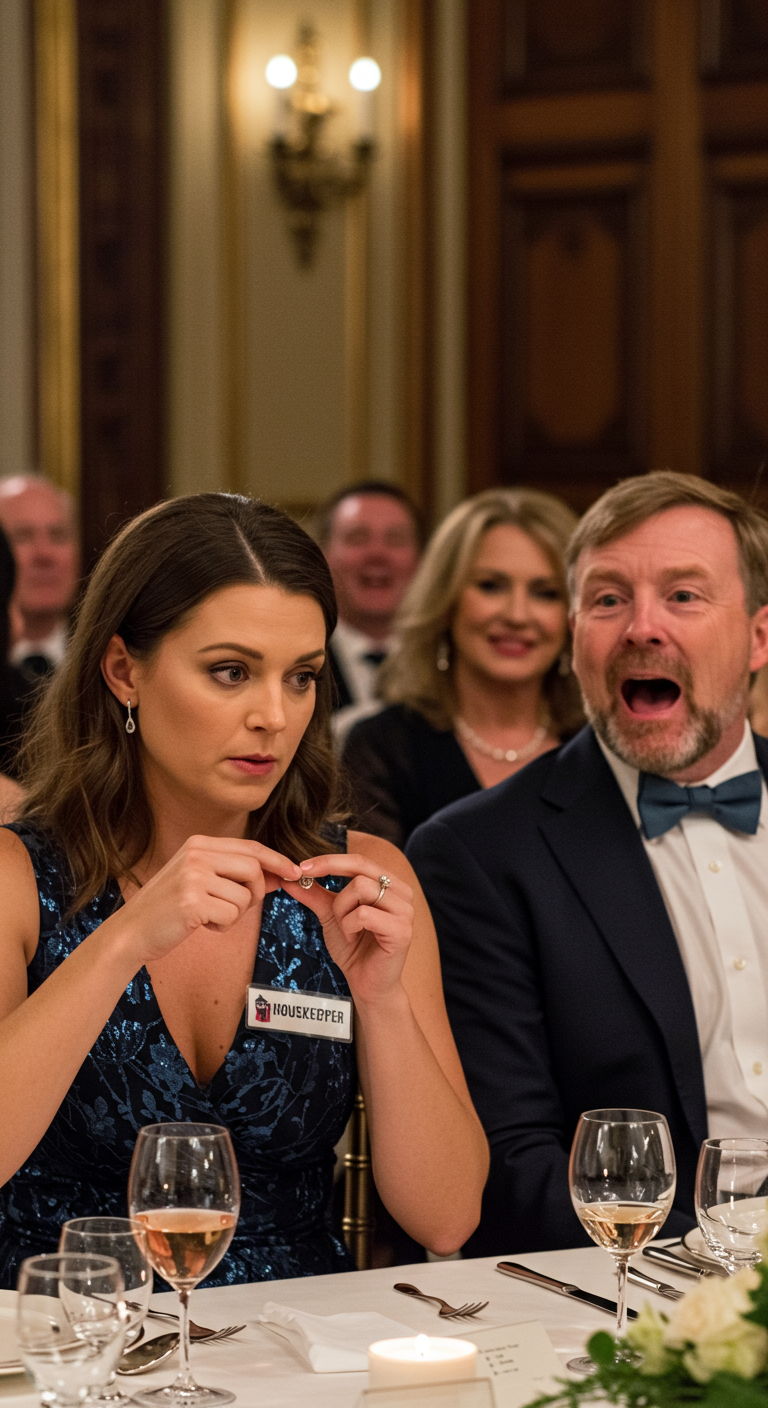 Na zaręczynach siostry mojego męża, na plakiecie przypiętej do mojej sukienki widniał napis „Gosposia”. Jego matka uśmiechnęła się krzywo. „Jesteś tu służbą, nie rodziną”. Nie było dla mnie krzesła. Nie było talerza. Nie było miejsca przy stole. Kiedy spojrzałam na męża, prosząc o pomoc, roześmiał się. „Jedzenie jest dla rodziny, kochanie”. Powoli wstałam, wszystkie oczy zwrócone na mnie, i zdjęłam obrączkę. „Więc chyba już nie jestem twoja” – powiedziałam spokojnym głosem. Jego uśmieszek zniknął – i to był dopiero początek.