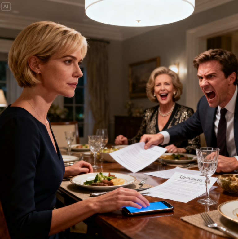 Podczas rodzinnego obiadu mój mąż rzucił papiery rozwodowe na stół. „Podpisz je. Mam dość patrzenia na twoją żałosną, podrzędną gębę”. Jego matka zachichotała okrutnie. „Mój syn jest reżyserem. Zasługuje na kogoś o wiele lepszego od ciebie”. Uśmiechnęłam się delikatnie i uniosłam telefon. „Dalej”. Potem wbiłam w niego wzrok. „Zdajesz sobie sprawę… twój tytuł dyrektora istnieje tylko dlatego, że ja go zatwierdziłam?” Zesztywniał. „C-co masz na myśli…?” Odłożyłam telefon z idealnym spokojem. „Chodzi mi o to: jesteś zwolniony”.