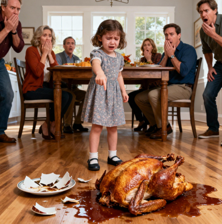 Podczas kolacji z okazji Święta Dziękczynienia moja pięcioletnia córka nagle krzyknęła, podbiegła do stołu i zrzuciła całego indyka na podłogę. Wszyscy ucichli. Przykucnęłam i zapytałam najdelikatniej, jak potrafiłam: „Kochanie, dlaczego to zrobiłaś?”. Złapała oddech i triumfalnie uniosła ręce. „Bo uratowałam was wszystkich!”. Nikt nie wiedział, co miała na myśli… aż do momentu, gdy wyszeptała coś, co zamroziło całą salę.