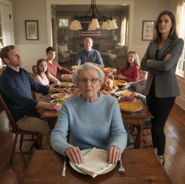 Moja synowa oznajmiła podczas kolacji w Święto Dziękczynienia: „Twój zmarły mąż przepisał nam dom. Nie dostaniesz nic”. Wszyscy siedzieli w milczeniu. Odstawiłam talerz i zapytałam: „Powinieneś im powiedzieć… czy ja mam to zrobić?”. Jej uśmiech zamarł. Mój syn wyszeptał: „Mamo, nic nie mów”.