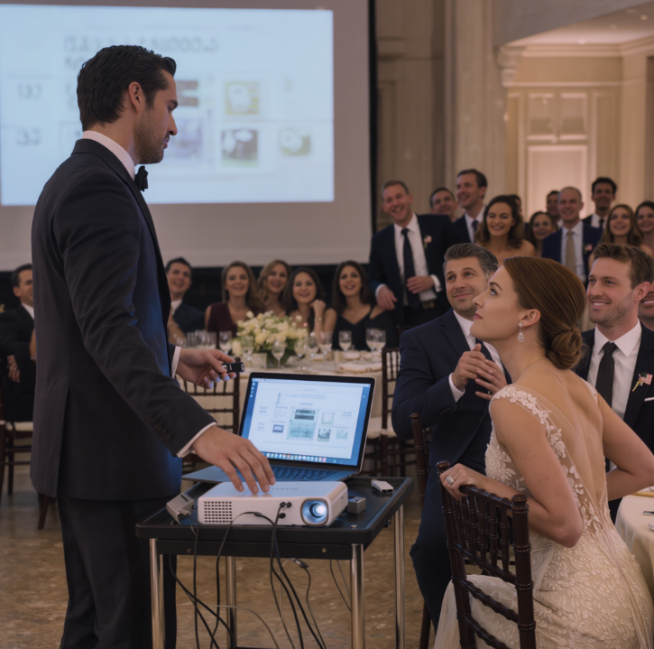 Zaraz na moim własnym ślubie mój tata podniósł mikrofon i powiedział: „Wznieście toast za córkę, która w końcu znalazła kogoś wystarczająco zdesperowanego, by się z nią ożenić” – cała sala wybuchnęła śmiechem, tylko mój mąż wstał, podłączył USB do projektora i powiedział: „Teraz wznieście toast za TO, CO ZROBIŁAŚ”… cztery minuty później nikt już się nie śmiał