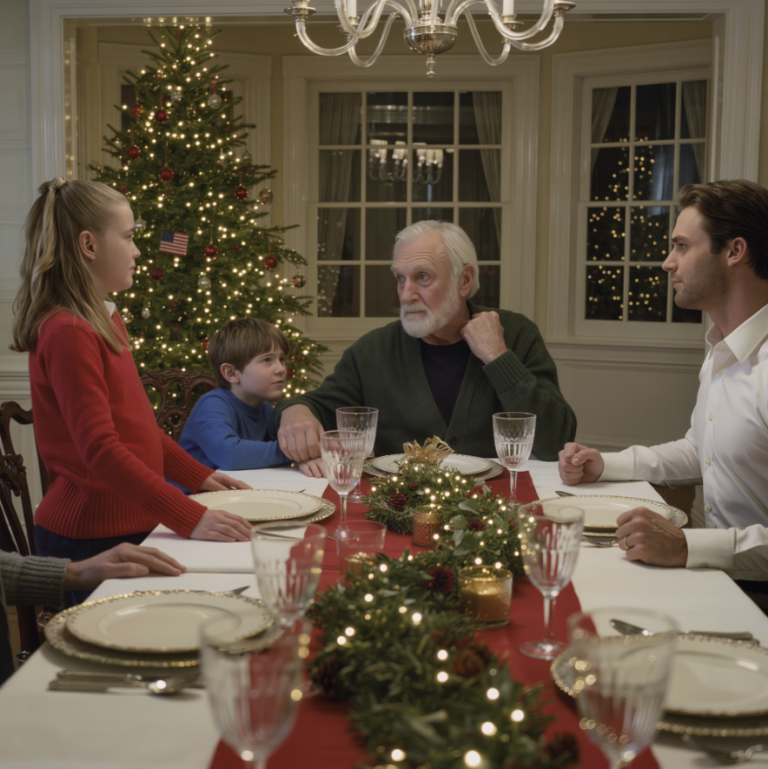 Podczas kolacji wigilijnej w idealnym domu moich teściów na przedmieściach Connecticut, mój 7-letni syn rozlał trochę wody, a mój teść złapał go za nadgarstek, wykręcił, aż wszyscy usłyszeliśmy trzask, po czym go uderzył i powiedział: „To za bałagan”, podczas gdy reszta rodziny cicho podawała sobie naczynia — aż moja 10-letnia córka odsunęła krzesło, wstała trzęsąc się i zapytała: „Dziadku, mam im powiedzieć, co robiłeś u nas wczoraj wieczorem?”