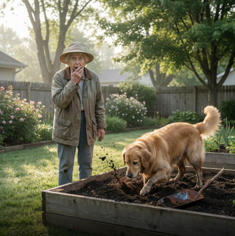 Ostatnim prezentem od mojego zmarłego męża był pies. Mój zięć zabił go bez pozwolenia, twierdząc, że to „dla bezpieczeństwa”. Byłam zdruzgotana. Trzy dni później znalazłam go żywego na moim podwórku, grzebiącego w ogrodzie, który zięć zbudował. To, co tam znalazłam, zszokowało mnie…