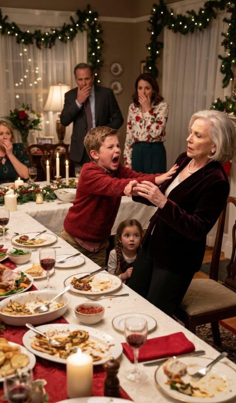 Podczas świątecznego obiadu moja teściowa nagle warknęła na moją pięcioletnią córkę. Wszyscy niezręcznie jedli dalej, udając, że nic się nie stało. Miałam właśnie pocieszyć córkę, gdy mój ośmioletni syn powoli podniósł wzrok znad talerza, a jego głos był pewny i wyraźny: „Babciu… mam im pokazać, co kazałaś mi ukryć?”